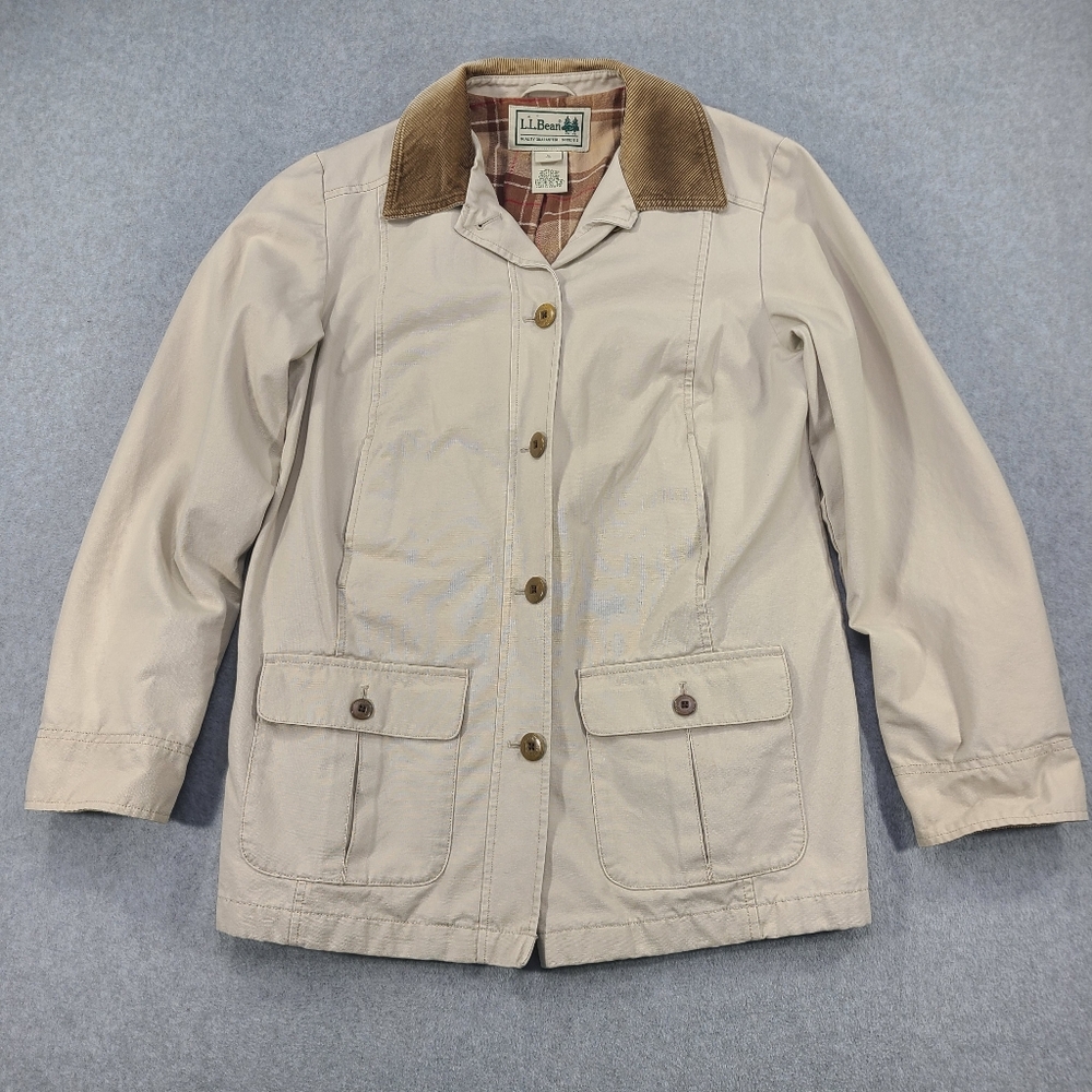 LL Bean Field Barn Work Chore Coat Jacket Small Regular Khaki Plaid Lined 267093